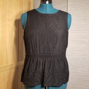J.Crew Size 12 EUC Black Eyelet Sleeveless Peplum Fully-Lined Cotton/Silk Top